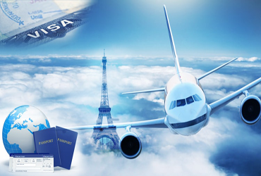The combination of a globe, Paris, and an aeroplane with passports is an instance of visa services.