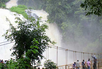 A group of people standing on a bridge along to a beautiful waterfall within a natural environment.