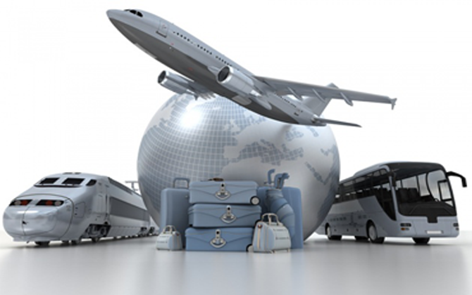 A globe, an airplane, a train, and bags are shown to represent travel assistance services