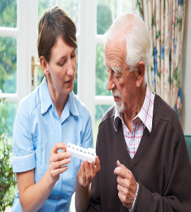 An elderly woman receiving medication from a critical-care nurse assure her health and well-being