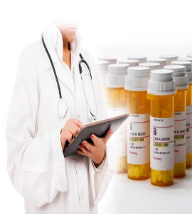A woman in white coat holds tablet & bottle of pills, indicating her role as a medical professional