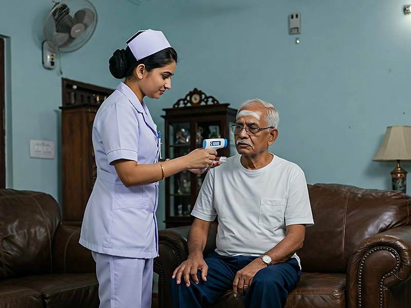 A nurse using a blood pressure cuff an elderly woman in medical setting pressure checked by a nurse