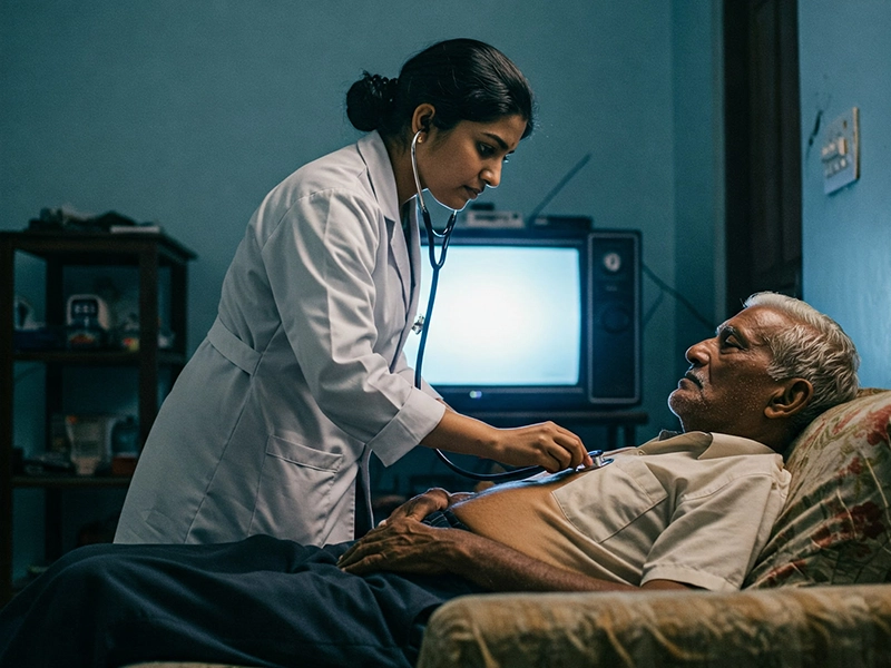 An elderly guy is given lunch by a nice nurse, who makes sure he eats and stays well